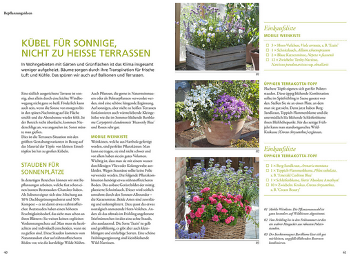 Ein deutsches Magazin stellt den Wilden Kübel des Kosmos Verlags vor und gibt Gartentipps für sonnige Terrassen. Drei Fotos zeigen bunte, insektenfreundliche Kübelpflanzen. Text und Aufzählungspunkte bieten Expertenrat und Pflanzenvorschläge.