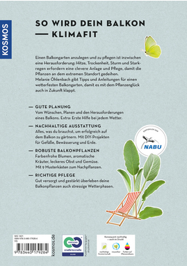 Rückseite des Buches Klimahelden auf dem Balkon vom Kosmos Verlag, mit Text, einem kleinen Schmetterling, Pflanzenillustrationen für den klimafitten urbanen Garten, einem Liegestuhl und mehreren Logos am unteren Rand, darunter das Vogellogo des NABU.
