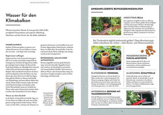 Zwei Seiten aus "Klimahelden auf dem Balkon" vom Kosmos Verlag: Auf der linken Seite geht es um Wasser für Balkonpflanzen und dessen Auffangen; die rechte Seite zeigt Bewässerungshilfen mit Fotos - ideal für klimafitte Stadt- oder Balkongärten.