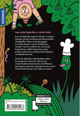 Das Cover von "Wilde Pflanzen essen" aus dem Kosmos Verlag zeigt einen lächelnden Mann, der an einem Baum über einer Waldszene mit wilden Pflanzen, einem Wurm und einer Kochmützenfigur hängt. Der deutsche Text und die SPIEGEL-Bestseller-Plakette erscheinen neben dem Barcode.