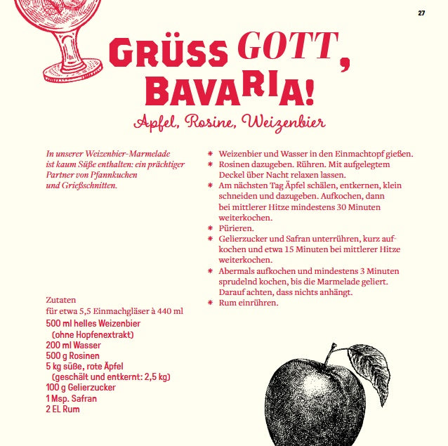 Eine fette rote deutsche Rezeptseite mit dem Titel MarmelaMania vom Thorbecke Verlag zeigt Äpfel, Rosinen, Safran, Anleitungen und Frank Winters außergewöhnliche Kreationen mit Zeichnungen von einem Weinglas und einem Apfel.