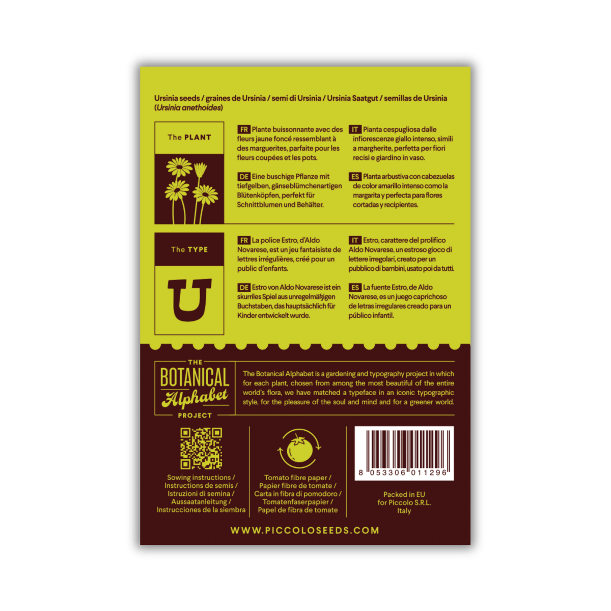Auf der Rückseite einer Packung „U – Ursinia“ von Piccolo Seeds befinden sich grüne und braune Abschnitte, Abbildungen von Schnittblumen, ein großes „U“ für Ursinia, mehrsprachige Pflanzeninformationen, Samendetails und unten rechts ein Strichcode.