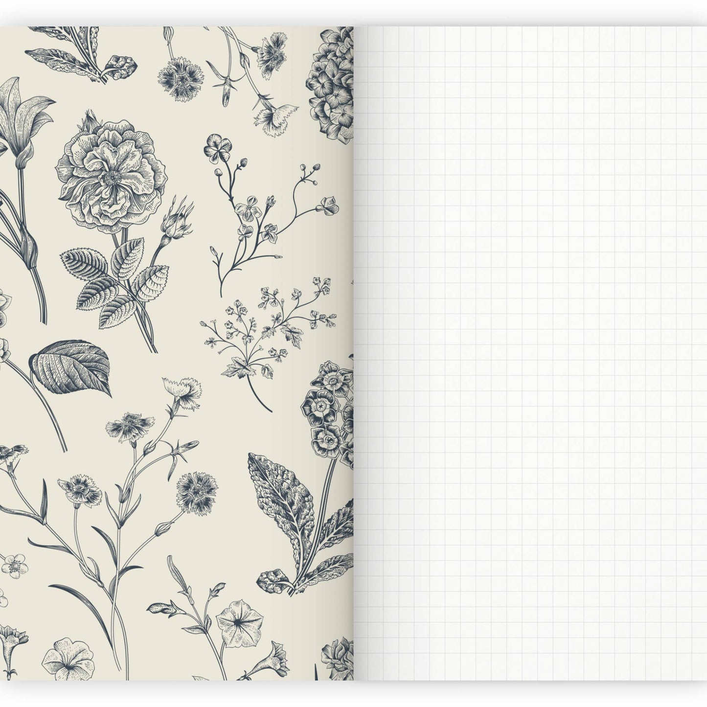 Etmamu - Notizheft Flowers A5: Handgefertigt in Deutschland, links detailreiche schwarz-weiße Blumenillustrationen, rechts kariertes Blankopapier – ideal zum Schreiben oder Zeichnen.