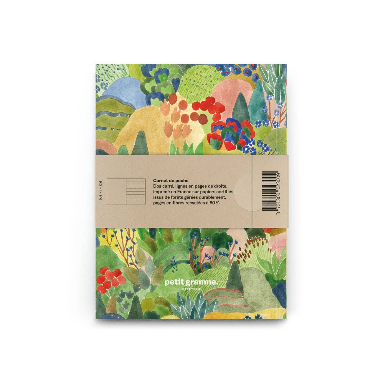 Das Petit Gramme - Luxuriance Notizbuch im Taschenformat hat einen farbenfrohen Blumeneinband, besteht aus Recyclingfasern aus nachhaltiger Forstwirtschaft und wird mit einem braunen Papierband mit Barcode und Produktdetails geliefert. Marke: Petit Gramme.