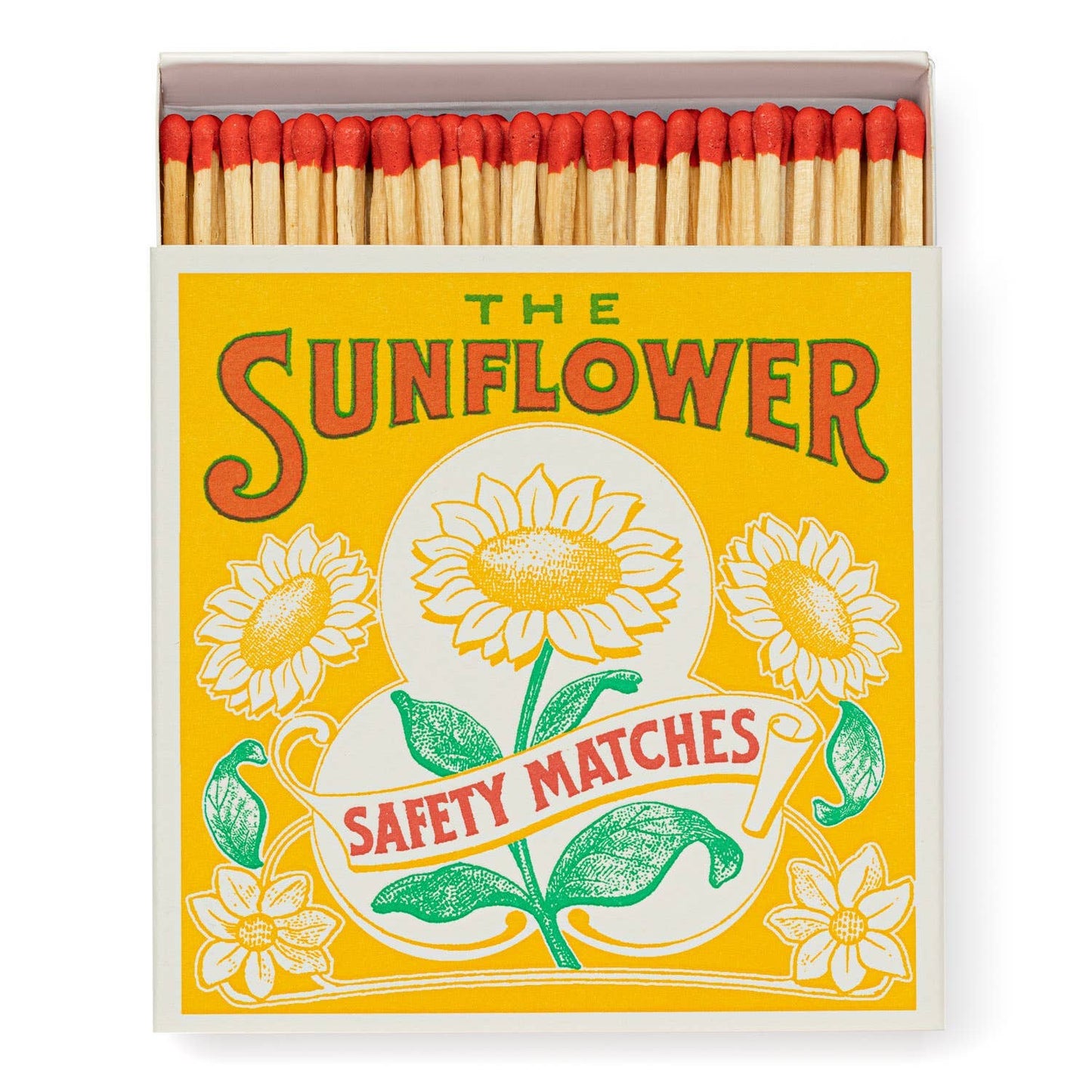 Die Archivist Gallery - Sunflower | Square - Sicherheitsstreichhölzer von Archivist Gallery hat eine leuchtend gelbe und weiße Schachtel mit floralen Abbildungen von Sonnenblumen und grünen Blättern; die Streichhölzer im Inneren haben rote Spitzen.