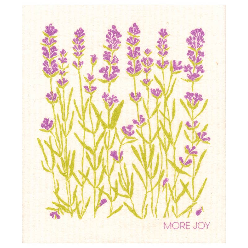 Abbildung von hohen Lavendelblüten mit grünen Stielen und Blättern auf cremefarbenem Hintergrund, mit „MORE JOY“ in Pink unten rechts – perfekt für das More Joy – Lavendel Schwammtuch, hergestellt aus umweltfreundlichen Materialien.