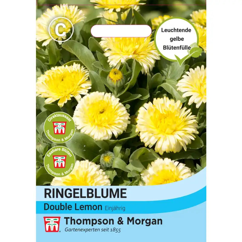 Saatgutpackung für Thompson & Morgan - Ringelblume 'Double Lemon', eine Zwerg-Calendula mit essbaren, gefüllten gelben und weißen Blüten. Mit dem Text "Leuchtende gelbe Blütenfülle" und dem Thompson&Morgan-Branding am unteren Rand.