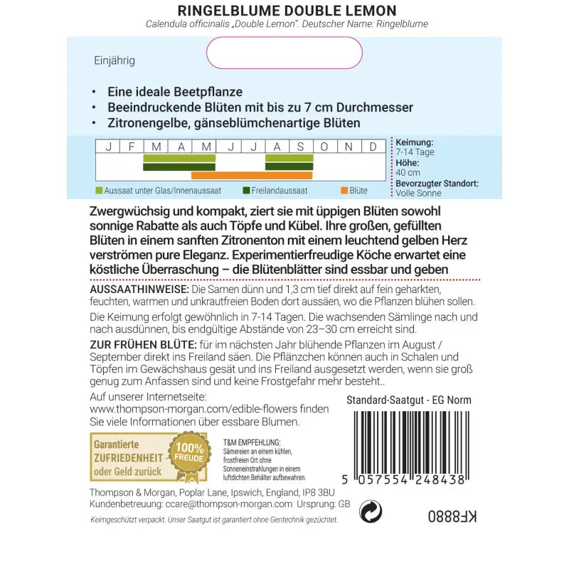Rückseite einer Thompson&Morgan Ringelblume 'Double Lemon' Blumensamenpackung. Der deutsche Text enthält Anbautipps, Pflanzeninformationen und Hinweise zu essbaren Blüten. Mit Symbolen und einem Strichcode in der unteren rechten Ecke.