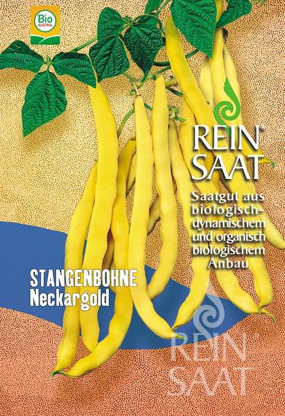Eine ReinSaat-Samenpackung für Stangenbohne 'Neckargold' zeigt gelbe Bohnenschoten auf einer grünen Pflanze, darunter den Sortennamen und einen blau-gelben Hintergrund. Marke: Reinsaat.