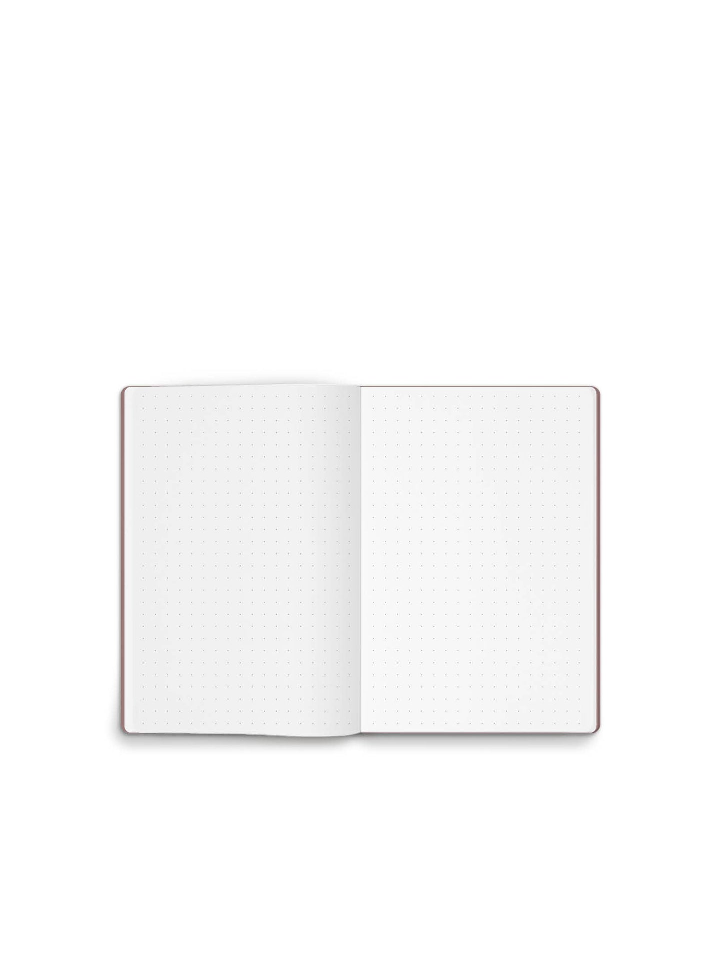 Das Tinne Mia Bullet Journal A6 Grid in Burgunderrot mit FSC-Mix liegt offen auf weißem Untergrund; der Einband ist burgunderrot und die sichtbaren Seiten sind leer.