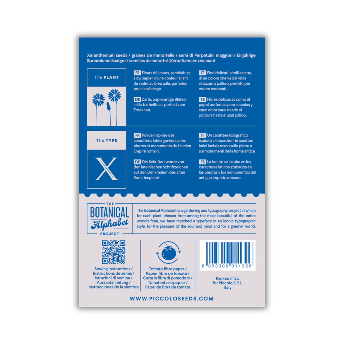 Rückseite der Packung Piccolo Seeds - X - Xerantheme von Piccolo Seeds, mit Pflanzanleitung, Beschreibung der fliederfarbenen bis blassblauen Papierblüten, englischem und deutschem Text, Barcode, Website-Informationen und blauen dekorativen Grafiken.
