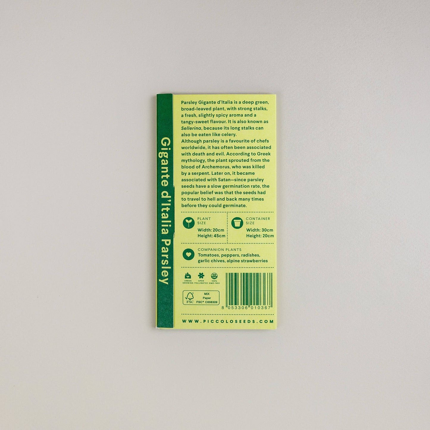 Ein helles Samenpaket mit grünen Akzenten und der Aufschrift „Piccolo Seeds – Petersilie Gigante d'Italia“ von Piccolo Seeds enthält Anbauanweisungen, Pflanzendetails, Symbole und Website-Informationen zur Herbstpflanzung.