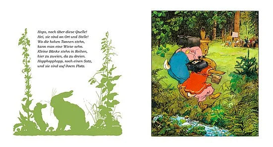 Eine Doppelseite aus "Die Häschenschule - Geschichten fürs ganze Jahr" aus dem Esslinger Verlag zeigt ein deutsches Gedicht mit einer grünen Tier- und Pflanzensilhouette auf der linken Seite, und auf der rechten Seite zwei Waldtiere, die ein Schwein auf einem Stuhl durch einen bunten Wald tragen.