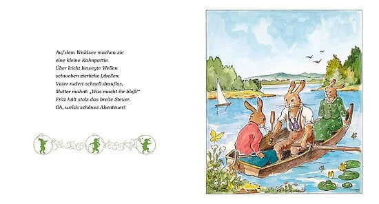 Eine Aquarell-Illustration für "Die Häschenschule - Geschichten fürs ganze Jahr" aus dem Esslinger Verlag zeigt drei bekleidete Hasen in einem hölzernen Ruderboot auf einem See, mit üppigen Bäumen, einem Segelboot und einem deutschen Text, der an den klassischen Häschenschul-Charme erinnert.