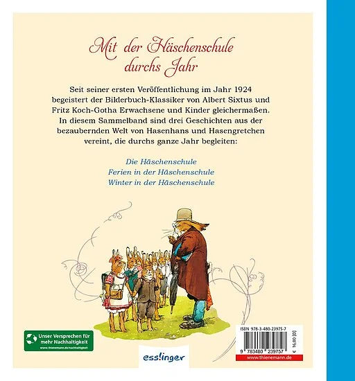 Deutscher Buchumschlag für "Die Häschenschule - Geschichten fürs ganze Jahr" (Esslinger Verlag): roter kursiver Titel, ein Textteil, Illustration des Hasenlehrers mit bekleideten jungen Kaninchen, grüne und blaue Sammlungsetiketten am unteren Rand.