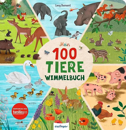 Umschlag von Mein 100 Tiere-Wimmelbuch aus dem Esslinger Verlag: Illustrierte Hirsche, Nilpferde, Wildschweine, Enten, Schweine, Füchse, Schwäne und Kaninchen sind in farbenfrohen Naturszenen in Abschnitte unterteilt.