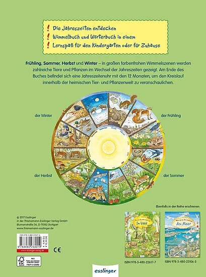 Eine lebendige Illustration aus "Mein erstes Wimmelbuch - Jahreszeiten" vom Esslinger Verlag zeigt die vier Jahreszeiten in einem Kreis mit Tieren und Pflanzen. Oben steht ein deutscher Text über das Buch, und unten sind drei Cover abgebildet.