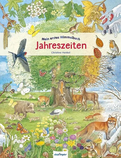 Das Buch "Mein erstes Wimmelbuch - Jahreszeiten" aus dem Esslinger Verlag besticht durch ein farbenfrohes Cover mit einem Baum in der Mitte, der von Tieren, Pflanzen und Insekten umgeben ist, sowie einer Jahresuhr mit den Jahreszeiten Frühling, Sommer, Herbst und Winter.