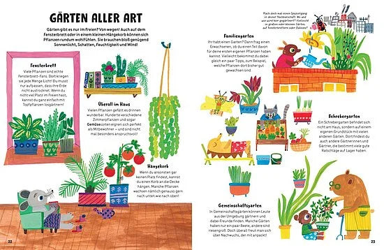 Die Bildstrecke aus "Mein Großes Gartenbuch" vom Aladin Verlag zeigt Tiere beim Gärtnern im Haus und im Freien mit Pflanzen, Pflanzgefäßen und Werkzeugen - ein spielerisches Gartenerlebnis für Kinder über Pflanzen anbauen und Naturschutz.