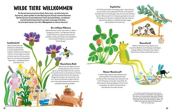 Mein Großes Gartenbuch" vom Aladin Verlag ist ein buntes, illustriertes Gartenbuch für Kinder auf Deutsch: Tiere im Garten, Pflanzen anbauen, Naturschutz-Tipps sowie Bastelideen wie Vogelhaus und Insektenhotel laden zum Entdecken ein.