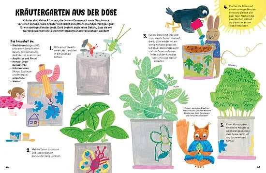 Mein Großes Gartenbuch von Aladin Verlag ist ein bunt illustriertes Gartenbuch für Kinder auf Deutsch. Mit nummerierten Anleitungen, Zeichnungen von Dosen, Kräutern und Tieren wird das Pflanzen im eigenen Kräutergarten ganz leicht!.
