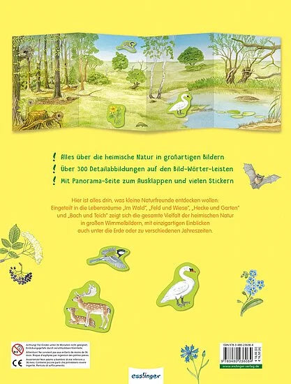 Die Rückseite von Mein großes Natur-Wimmelbuch aus dem Esslinger Verlag zeigt Waldillustrationen, heimische Natur-Wimmelbilder, Tier-Sticker und hebt über 300 Detailbilder sowie eine ausklappbare Panoramaseite hervor.