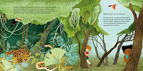 Eine illustrierte Waldszene aus "Unsere Welt: Wälder" aus dem Esslinger Verlag zeigt üppige Bäume, einen Jaguar, einen Affen und einen Vogel, die zwei Kinder erkunden. Der deutsche Text macht es ideal für ein Sachbilderbuch Wald über Bäume schützen.