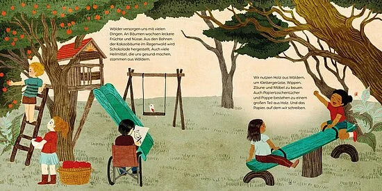 Kinder genießen einen lebendigen Park mit Bäumen, Baumhaus, Schaukel und Wippe - Äpfel pflücken, schaukeln, unter Bäumen lesen. Der deutsche Text stellt das Buch des Esslinger Verlags "Unsere Welt: Wälder" vor und betont die Notwendigkeit des Schutzes von Wäldern (Bäume schützen).