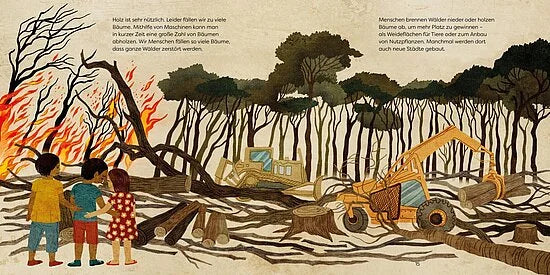 Drei Kinder beobachten die Zerstörung eines Waldes - brennende Bäume, Bulldozer bei der Arbeit - und zeigen die Auswirkungen der Abholzung. Diese Szene aus "Unsere Welt: Wälder" des Esslinger Verlags macht deutlich, warum wir Bäume schützen und Lebensräume erhalten müssen.