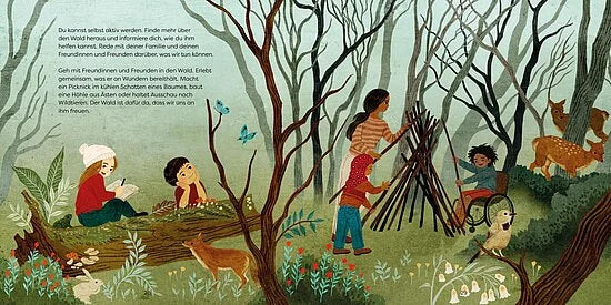 Inspiriert von "Unsere Welt: Wälder" aus dem Esslinger Verlag: Kinder bauen Unterstände, malen und ruhen sich auf Baumstämmen aus, während Füchse, Rehe und Vögel den Wald beleben - und uns daran erinnern, Bäume zu schützen und das Leben im Wald zu schätzen.