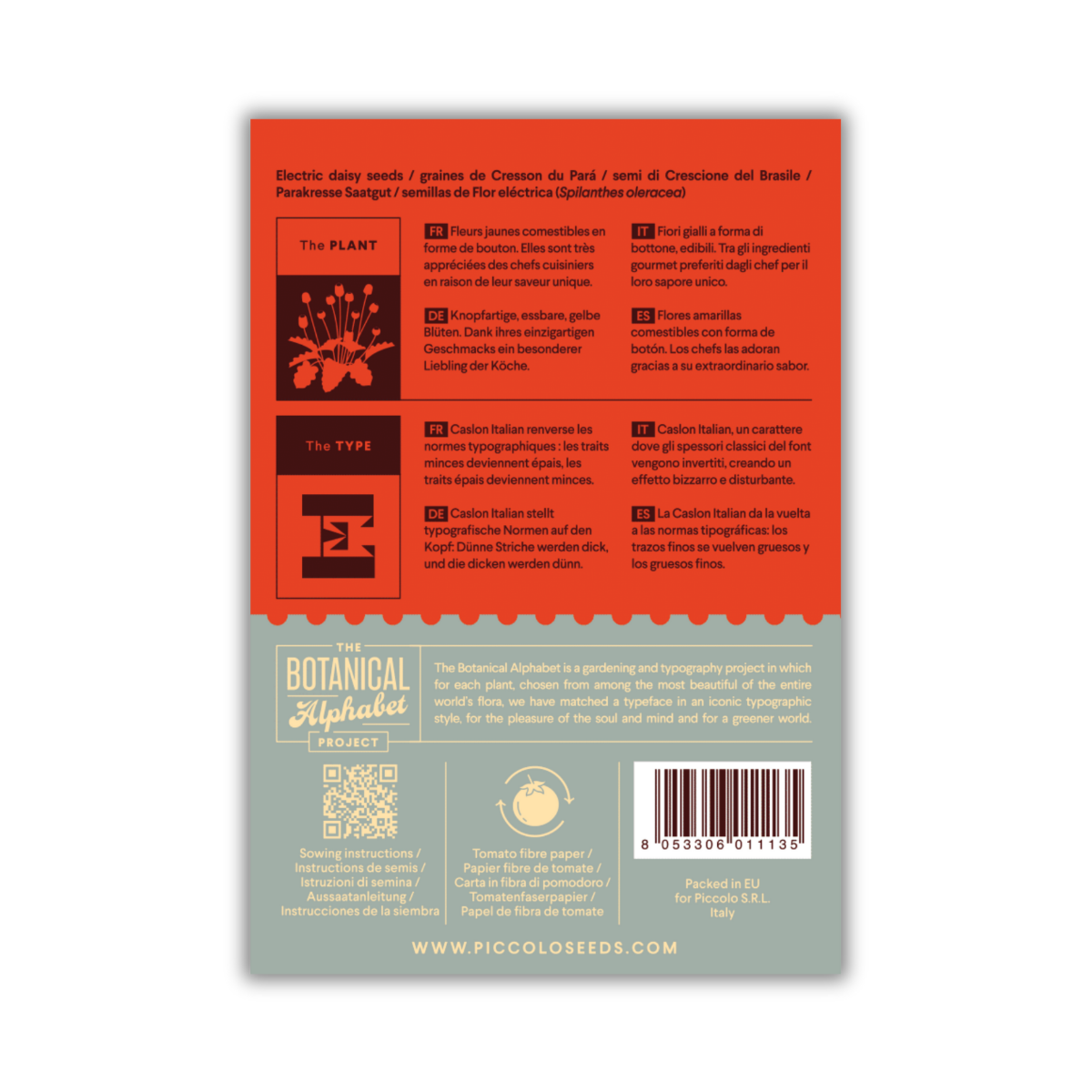Rückseite der Packung Piccolo Seeds - E - Elektrisches Gänseblümchen: orange/graues Design, Informationen über essbare Gelbe, knopfartige Blüten, typografisches Projekt; mit Strichcode, Symbolen und kurzen mehrsprachigen Beschreibungen. Marke: Piccolo Seeds.