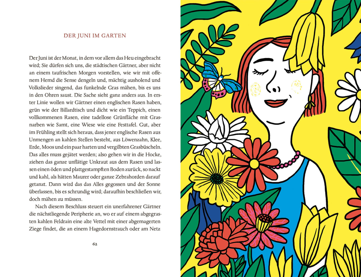 Eine Illustration von Katja Spitzer für "Karel Čapek - Das Jahr im Garten" (Insel Verlag) zeigt eine lächelnde Frau, die von leuchtenden Blumen und Blättern umgeben ist, und links daneben eine Seite mit einem deutschen Text über Gartenarbeit im Juni.