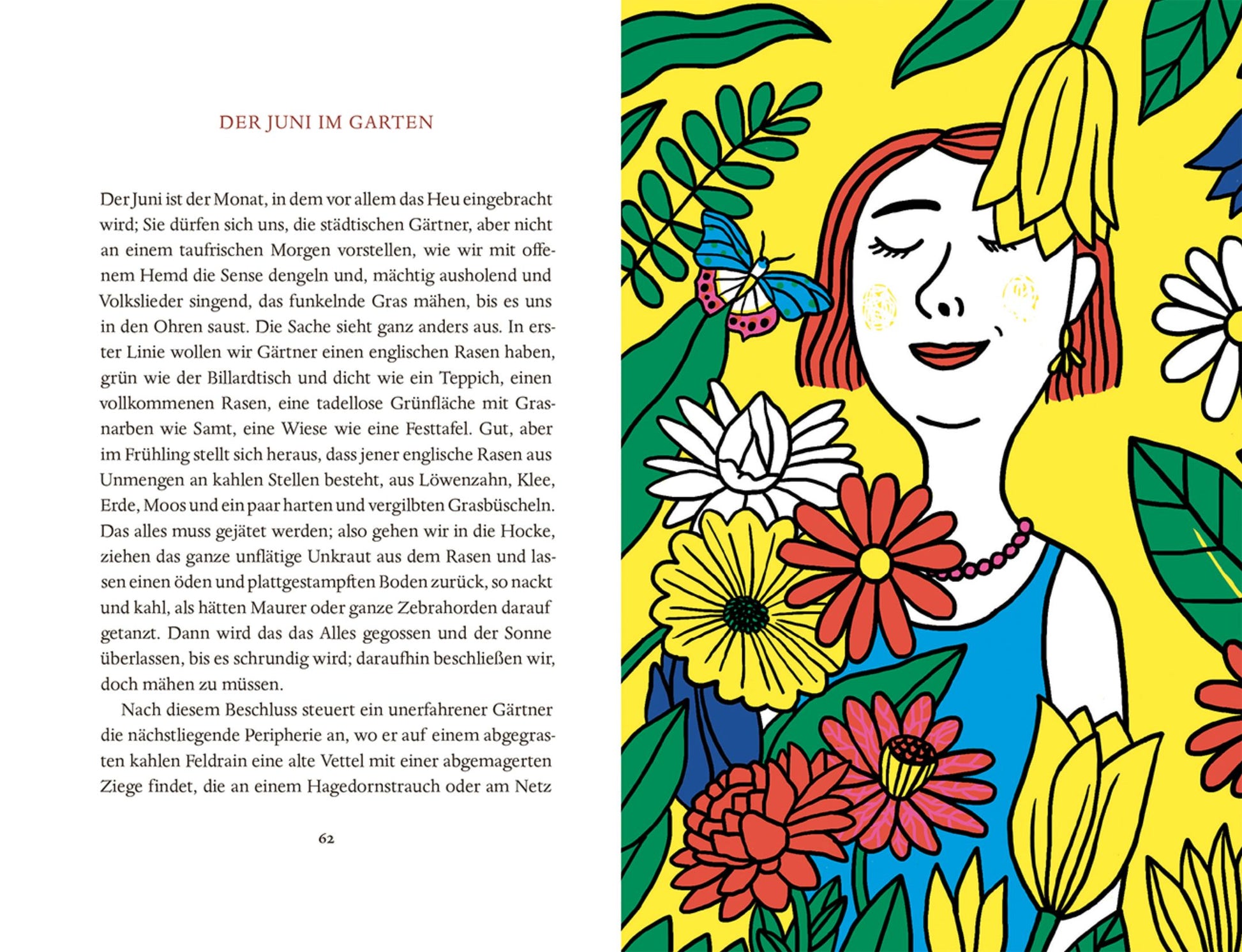 Eine Illustration von Katja Spitzer für "Karel Čapek - Das Jahr im Garten" (Insel Verlag) zeigt eine lächelnde Frau, die von leuchtenden Blumen und Blättern umgeben ist, und links daneben eine Seite mit einem deutschen Text über Gartenarbeit im Juni.