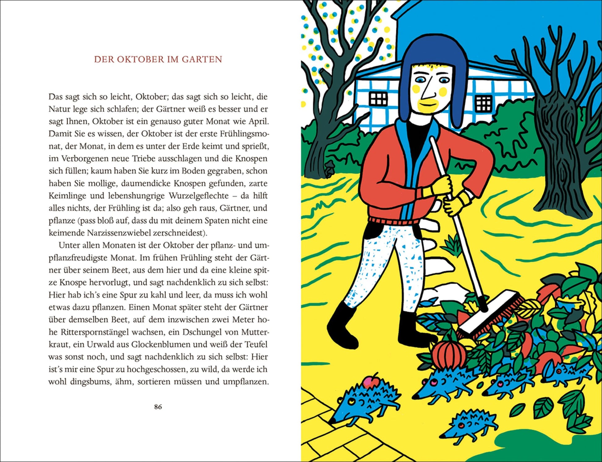 Eine farbenfrohe Illustration aus "Karel Čapek - Das Jahr im Garten" vom Insel Verlag zeigt eine Person in blauer Kleidung und Hut, die in einem Garten Blätter und Kürbisse harken, mit kahlen Bäumen, gefallenen Blättern, einem Haus und deutschem Text auf der linken Seite.