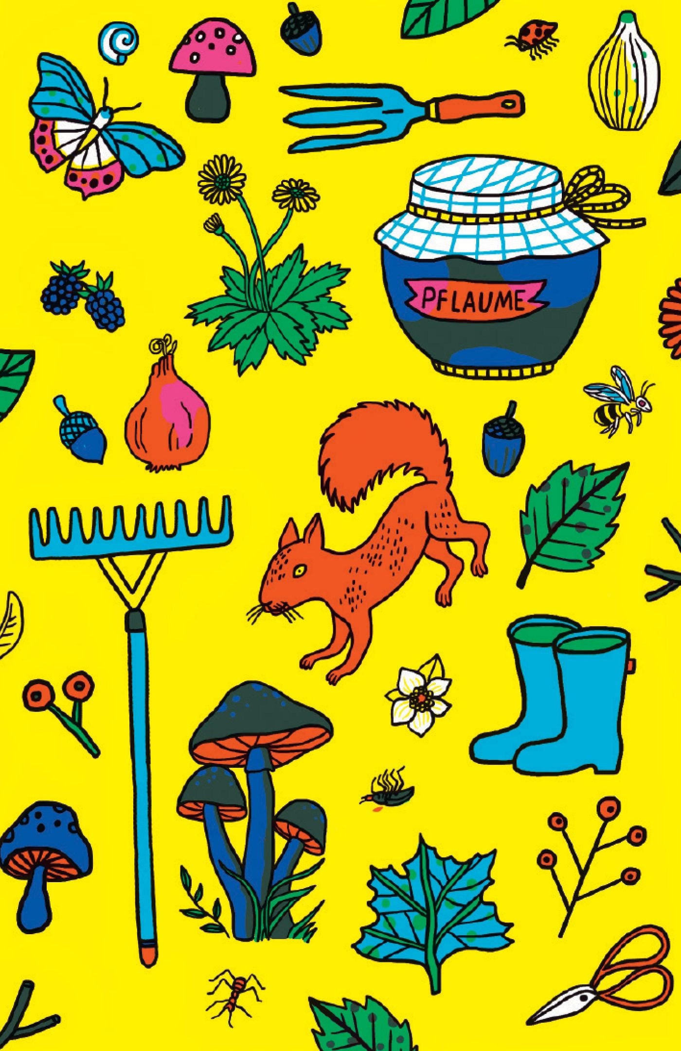 Das Plakat "Karel Čapek - Das Jahr im Garten" vom Insel Verlag zeigt eine lebendige Gartenszene auf Gelb mit Eichhörnchen, Pilzen, Marmeladenglas, Stiefeln, Harke, Schmetterling, Pflanzen und Blumen - ideal für Gärtnern-Fans.