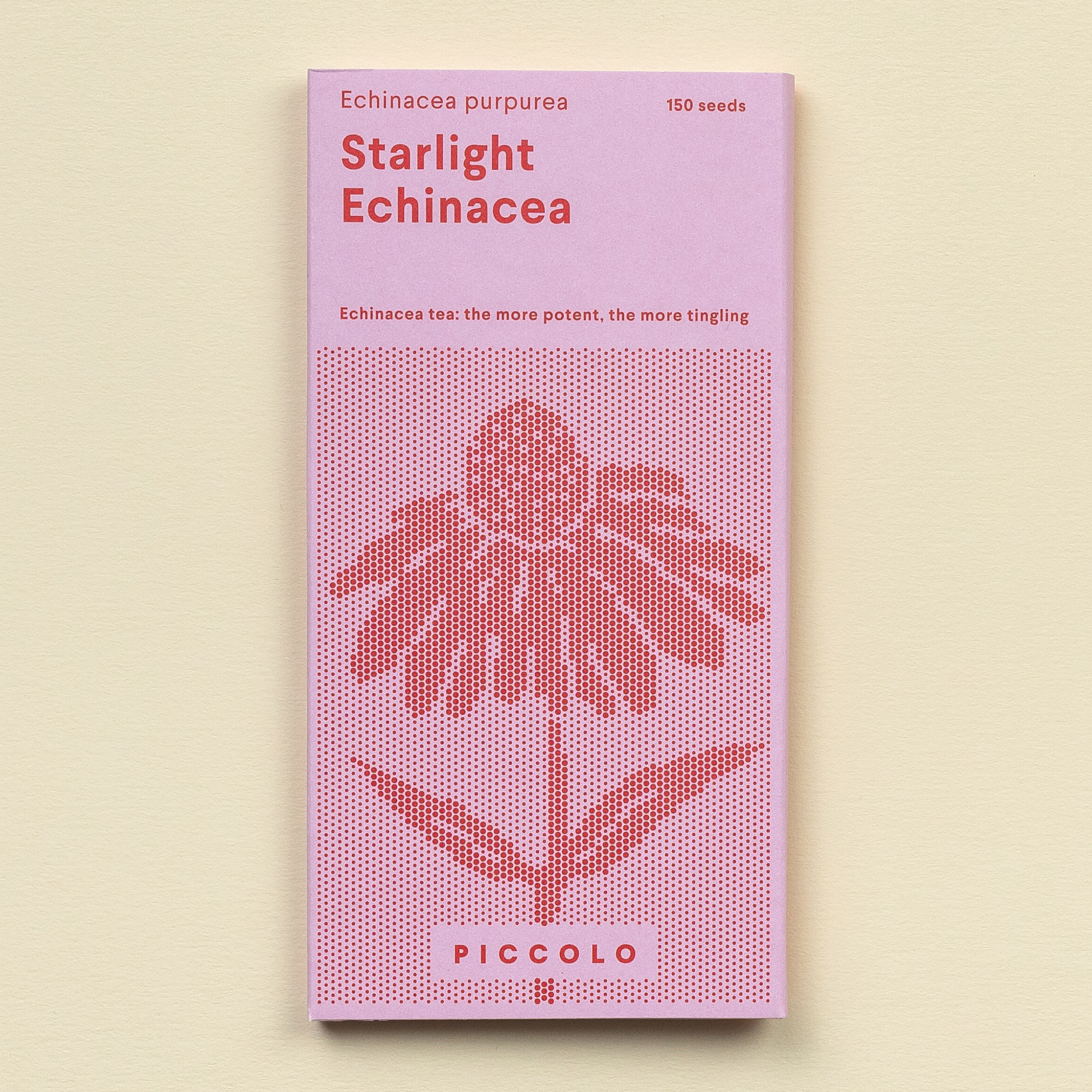 Ein rosa Päckchen mit der Aufschrift Piccolo Seeds - Echinacea Starlight zeigt eine stilisierte Lila Sonnenhut, die berühmte Heilpflanze. Enthält 150 Samen sowie Informationen über Anbau und Tee. Der Markenname Piccolo Seeds wird am unteren Rand angezeigt.