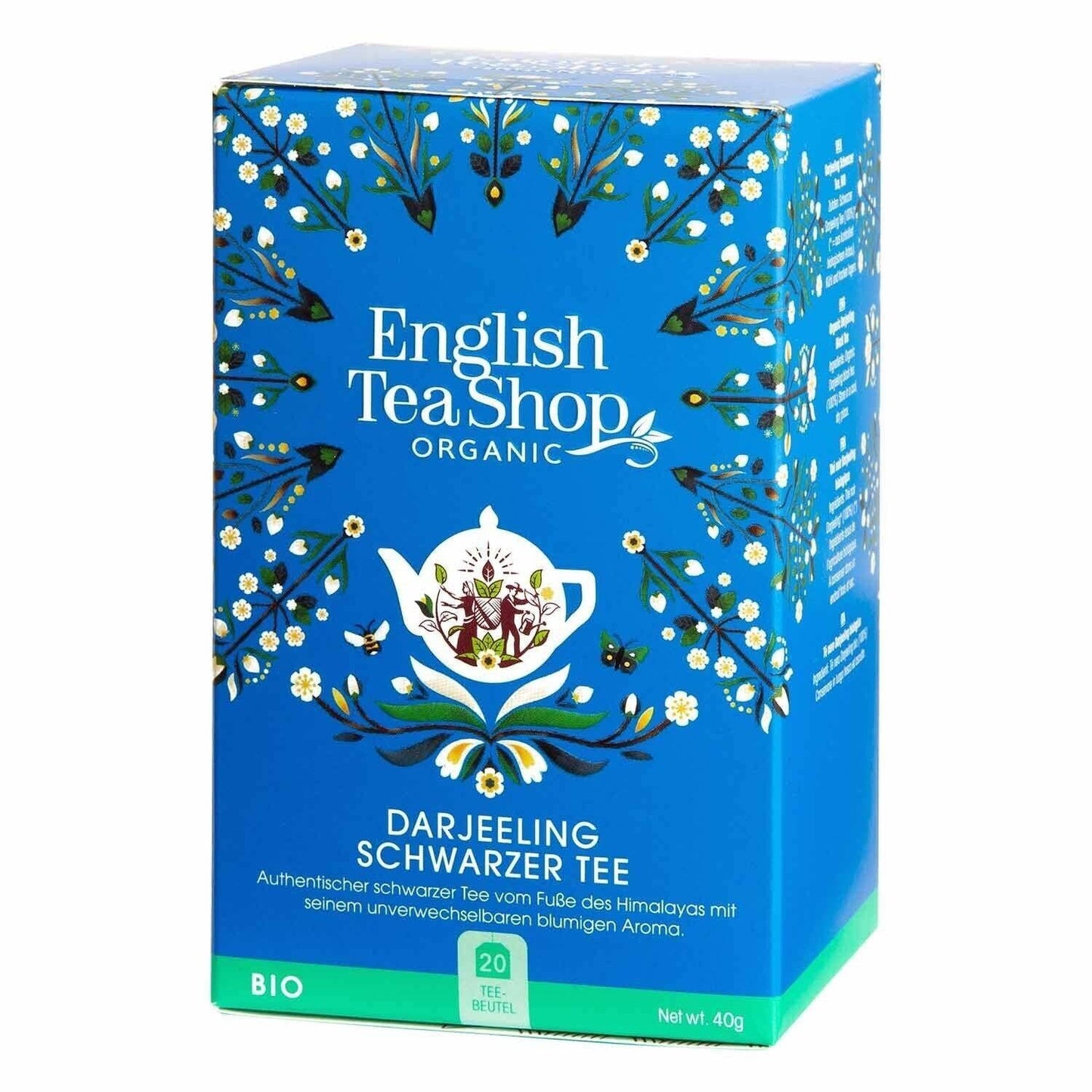 Eine blaue Schachtel English Tea Shop – Darjeeling Schwarzer Tee, BIO, 20 Teebeutel zeigt Blumenmuster, eine weiße Teekannenillustration, deutschen Text mit detaillierten Angaben zu den biologischen Zutaten und enthält 20 Teebeutel (40 g) von English Tea Shop.