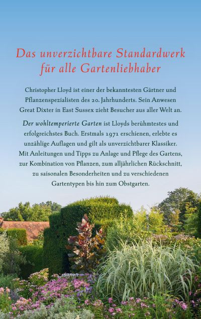 Ein Buchumschlag mit einer üppigen Gartenszene unten und blauem Himmel oben. Der deutsche Text präsentiert "Der wohltemperierte Garten" vom Insel Verlag als Christopher Lloyds Klassiker über Cottage-Gärten und gemischte Rabatten, empfohlen für Gartenfreunde.