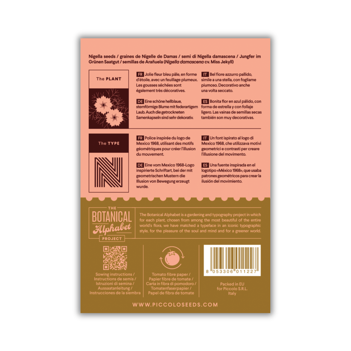 Rückseite einer Piccolo Seeds - N - Schwarzkümmel Packung von Piccolo Seeds, mit Informationen über Pflanze, Aussaat, The Botanical Alphabet Projekt und Barcode. Das Design zeigt "Schöne hellblaue Blüte", "gefiedertes Laub" auf einem rosa, braunen und cremefarbenen Blumenhintergrund.