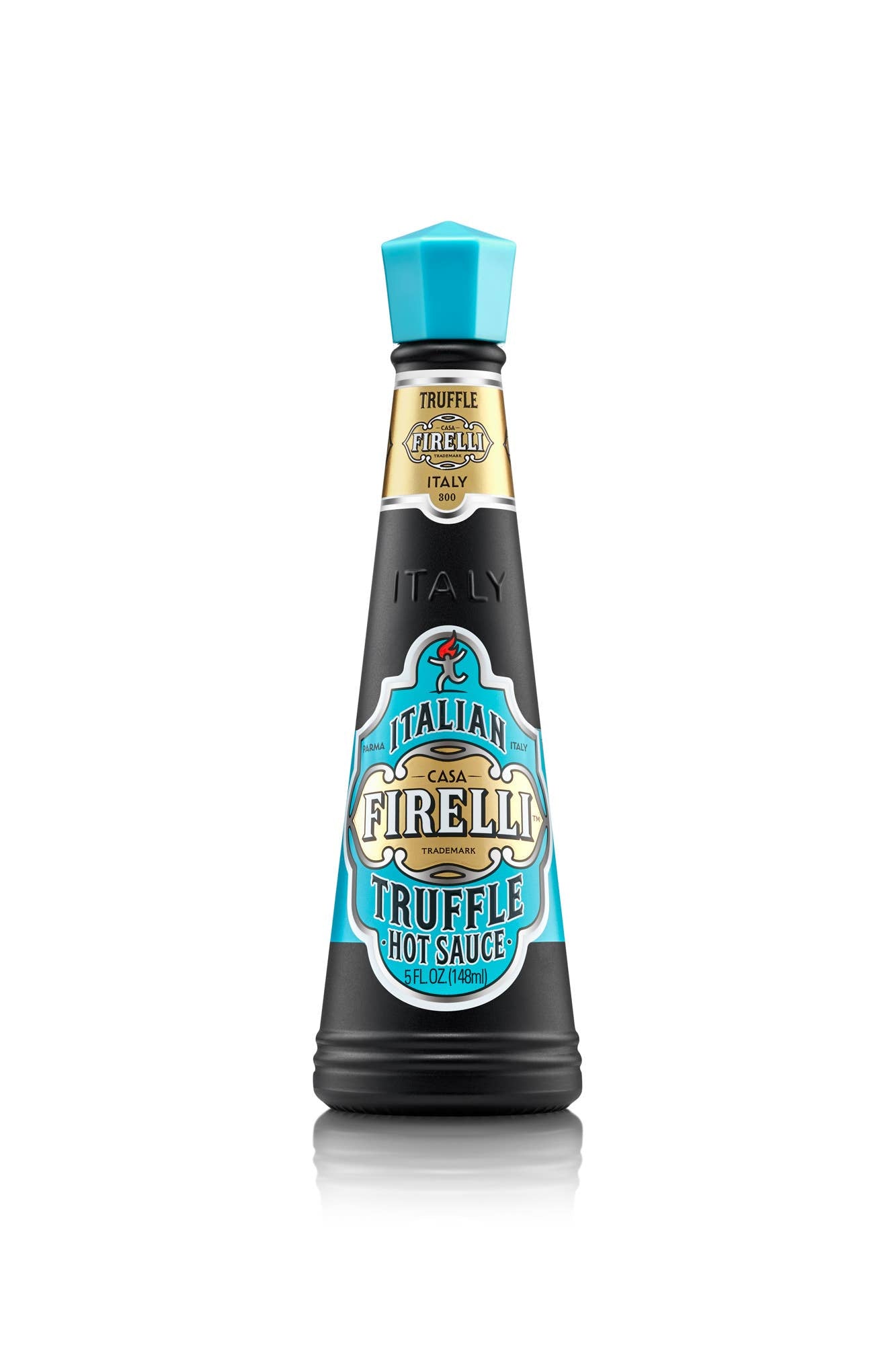 Eine schwarze 148-ml-Glasflasche von Firelli – Casa Firelli Scharfe Sauce mit italienischen Trüffeln, mit blauem Verschluss, goldenen Etikettenakzenten und Produktdetails auf der Vorderseite.