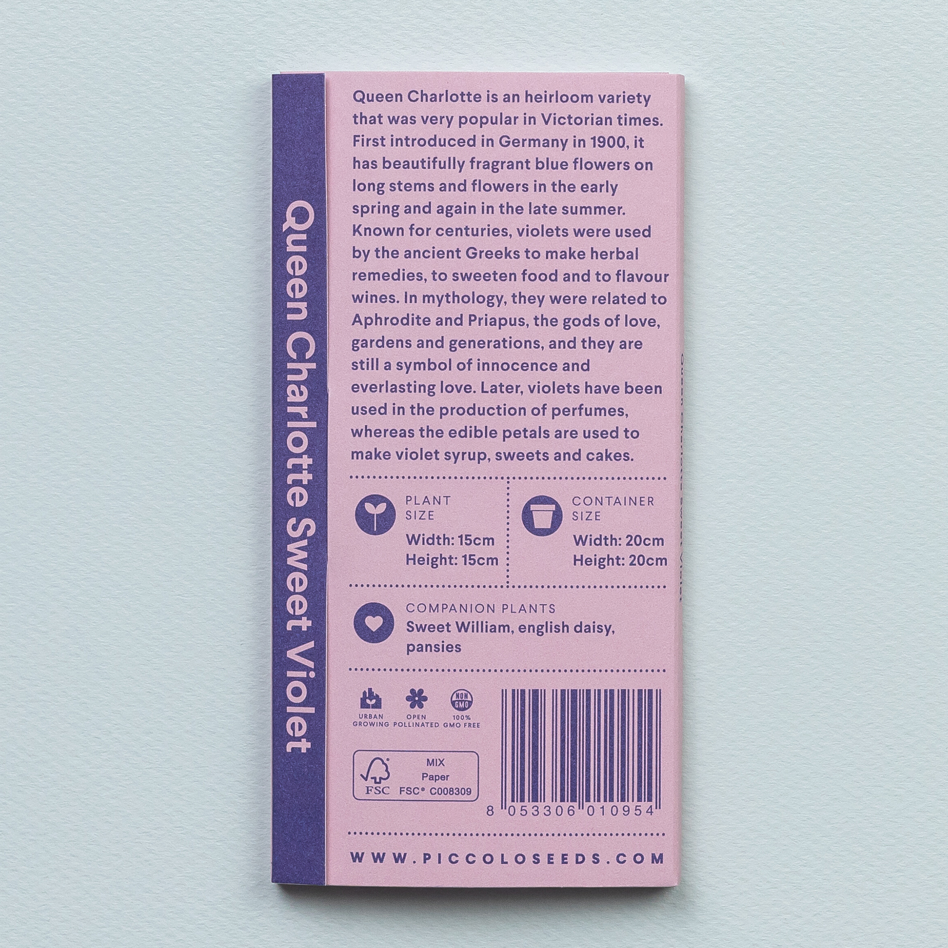 Eine Packung Piccolo Seeds – Süße Veilchenkönigin Charlotte von Piccolo Seeds mit Pflanzeninformationen, Pflegetipps, Begleitpflanzen und Behältergröße auf hellblauem Hintergrund – ideal für den Anbau Ihrer eigenen Duftveilchen.