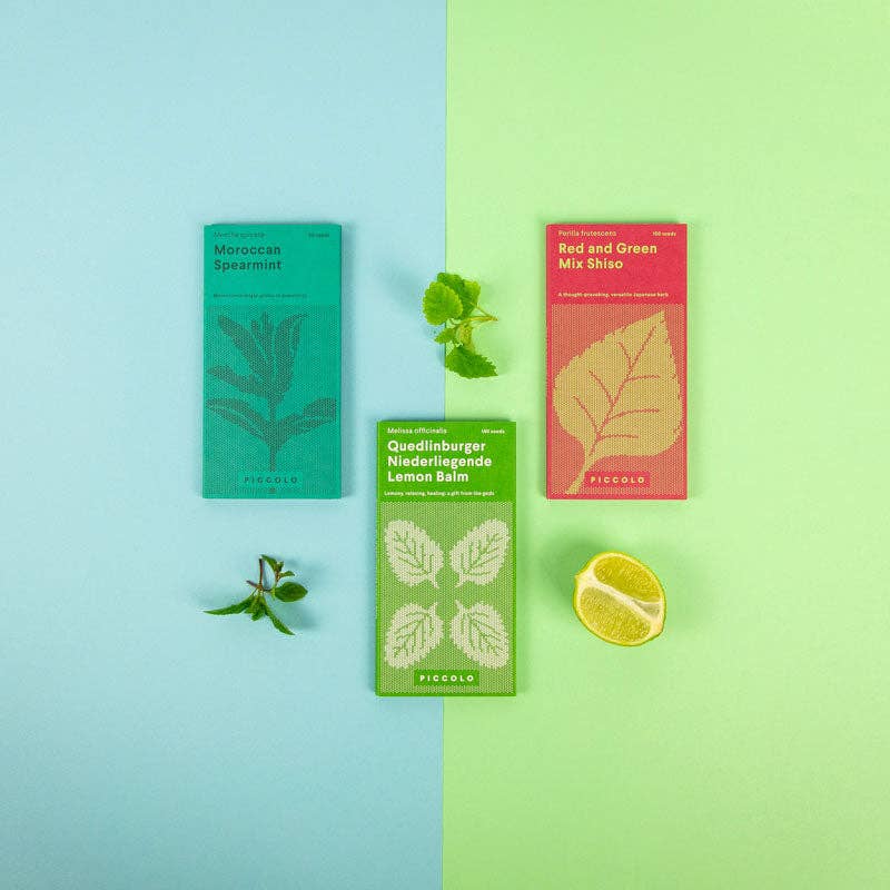 Piccolo Seeds – Cocktails Kräuter: Drei Samenpakete – Marokkanische Grüne Minze, Quedlinburger Niederliegende Zitronenmelisse und Rot-Grün-Mix-Shiso – werden auf einem geteilten grün-blauen Hintergrund mit frischen Kräutern und Limettenscheiben präsentiert.
