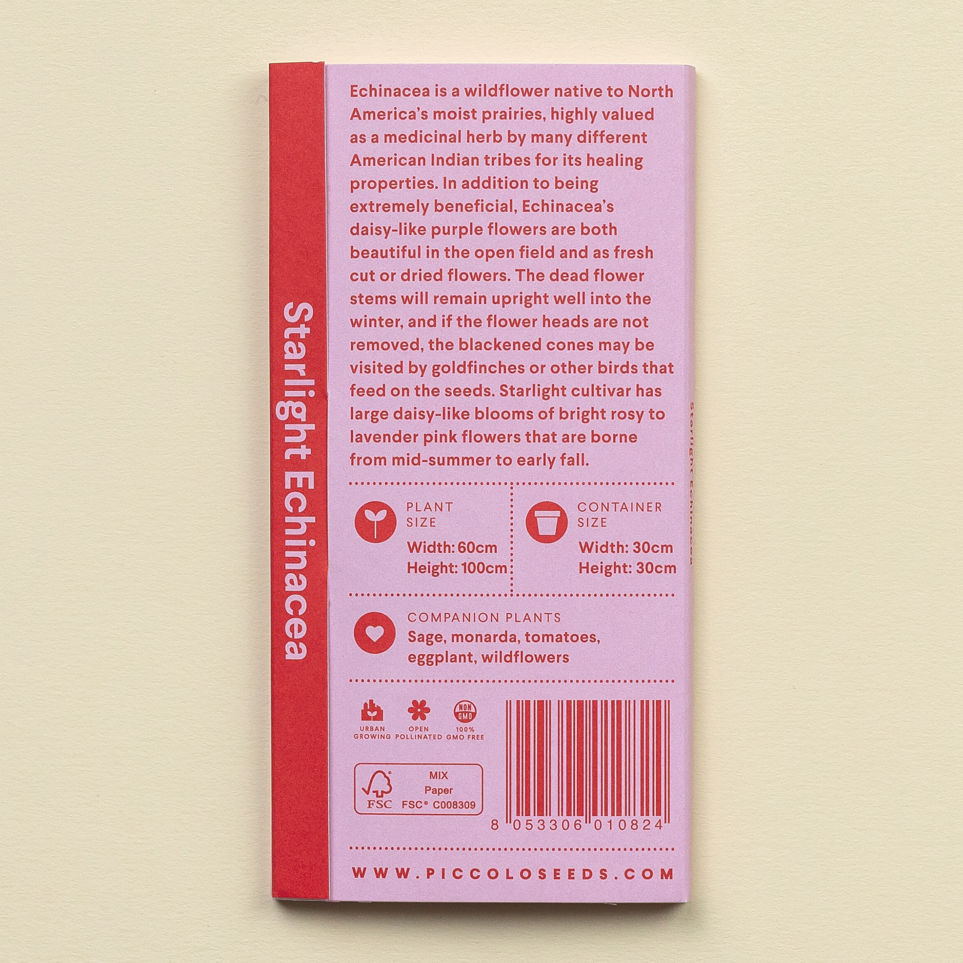 Rückseite von Piccolo Seeds - Echinacea Starlight (by Piccolo Seeds): bietet Pflanzenverwendung, Anbautipps und Illustrationen für Größe, Containerbedarf und beste Begleitpflanzen für diese schöne Heilpflanze.