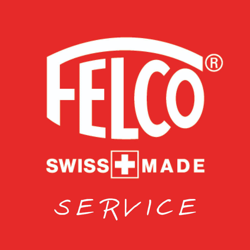 Roter Hintergrund mit dem weißen Logo der Königlichen Gartenakademie oben, "SWISS MADE" mit einem Kreuzsymbol darunter und "SERVICE" in weißer Schrift unten hebt Wartungsservice für Felco Scheren hervor.