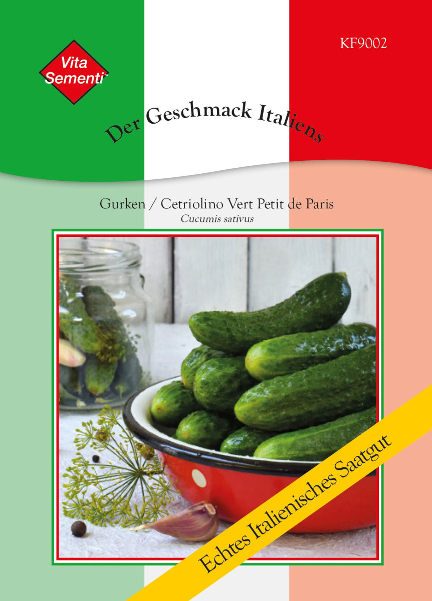 Ein Päckchen mit Gurkensamen 'Cetriolino Vert Petit de Paris' von Thompson&Morgan, das Gurken in einer rot-weißen Schale mit Dill auf einem dreifarbigen Hintergrund zeigt. Auf einer gelben Fahne steht "Echtes italienisches Saatgut.