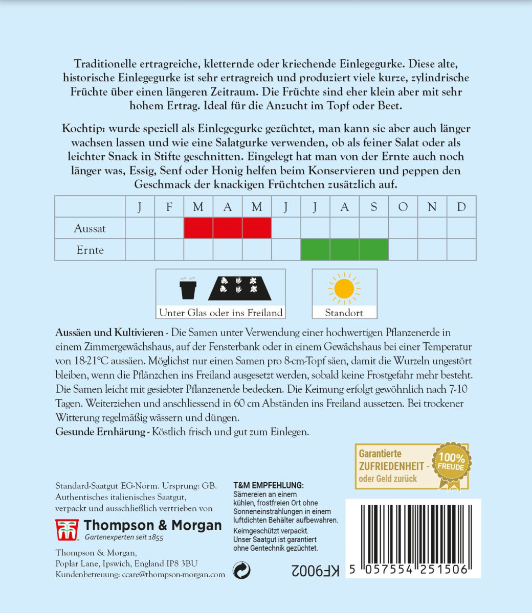 Rückseite der Gurken 'Cetriolino Vert Petit de Paris'-Saatgutpackung von Thompson&Morgan mit Anbau- und Pflegetipps, Aussaat-/Erntekalender, Herkunftsangaben, Verwendungshinweisen sowie Barcode und Herstellerkontakt.