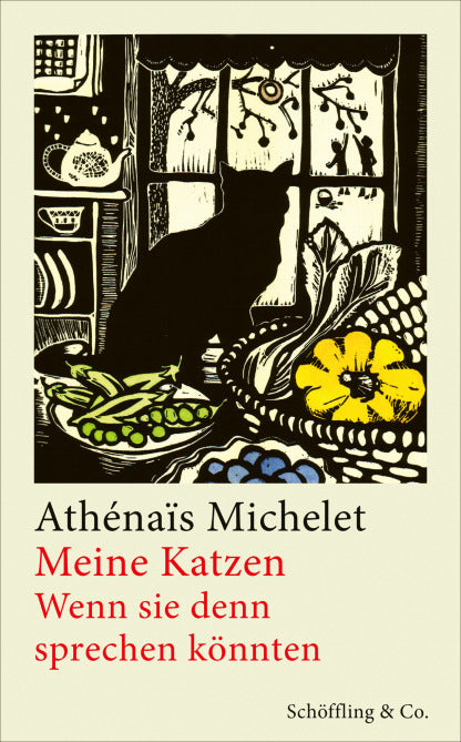 Eine schwarze Katze sitzt auf der Fensterbank, umgeben von Gemüse und Pflanzen, und blickt nach draußen. Der Buchtitel "Meine Katzen - Wenn sie sprechen könnten" von Schöffling Verlag ist unten auf Deutsch angegeben.