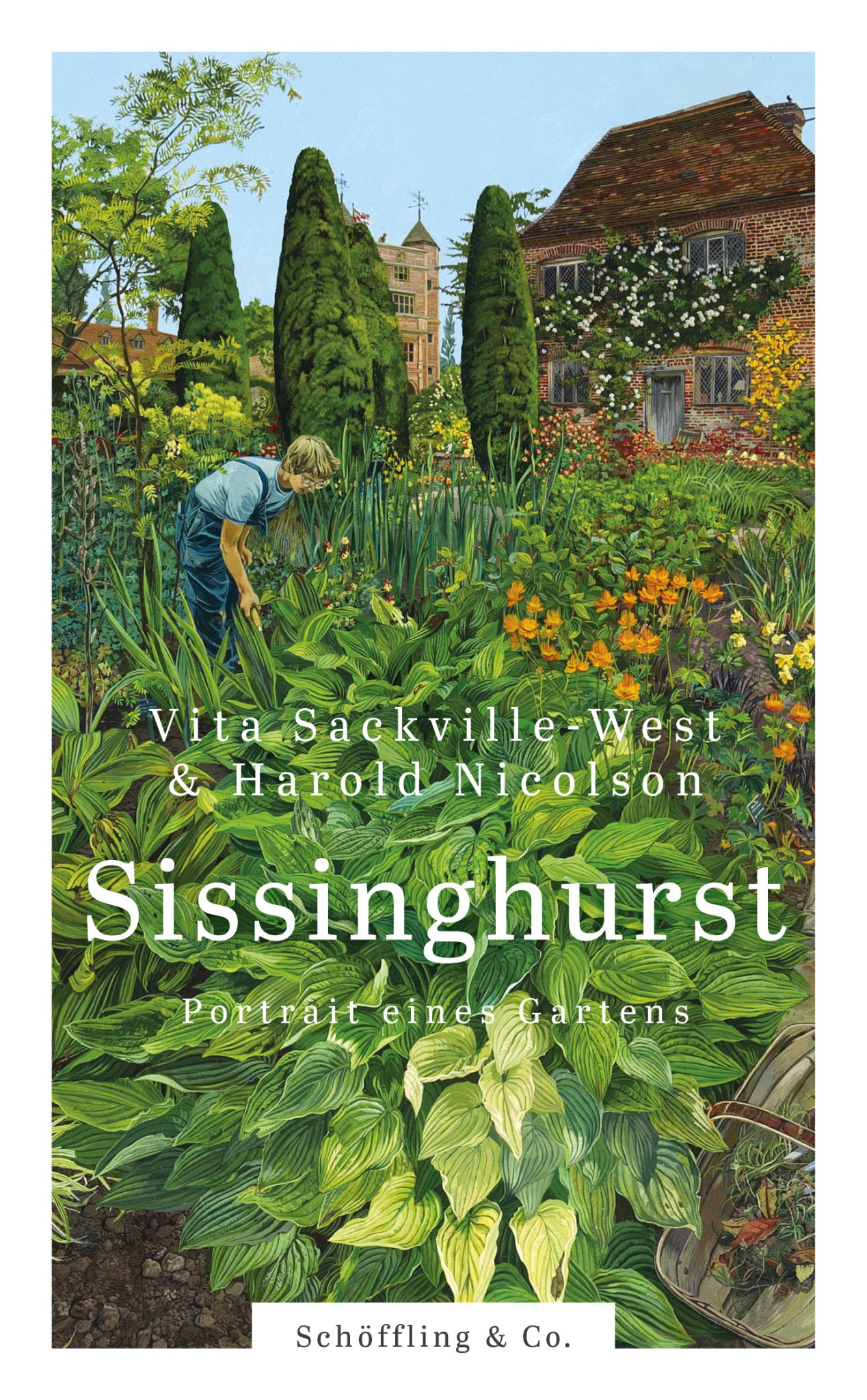 Eine Person gärtnert inmitten von leuchtenden Blumen im berühmten Sissinghurst in Kent, vor einem großen Backsteinhaus. Das Buchcover zeigt: "Sissinghurst - Portrait eines Gartens" aus dem Schöffling Verlag.