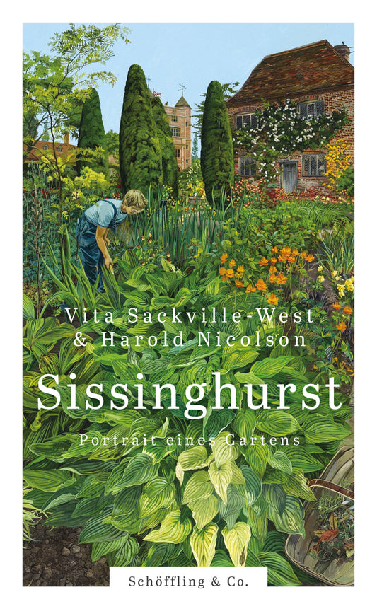 Eine Person gärtnert inmitten von leuchtenden Blumen im berühmten Sissinghurst in Kent, vor einem großen Backsteinhaus. Das Buchcover zeigt: "Sissinghurst - Portrait eines Gartens" aus dem Schöffling Verlag.