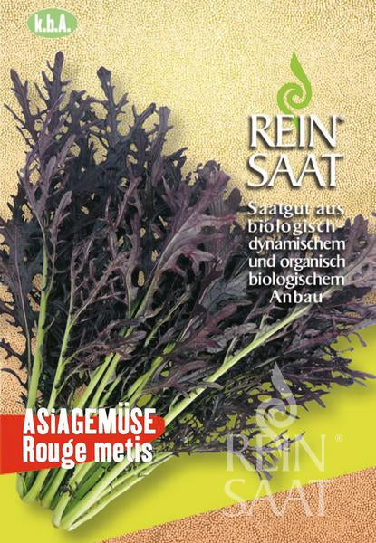 Ein Strauß ReinSaat - Asiagemüse 'Rouge metis' mit dunkelvioletten, gekräuselten Blättern und grünen Stängeln ist auf gelbem Hintergrund abgebildet. Auf dem Bild ist der Markenname Reinsaat zu sehen.